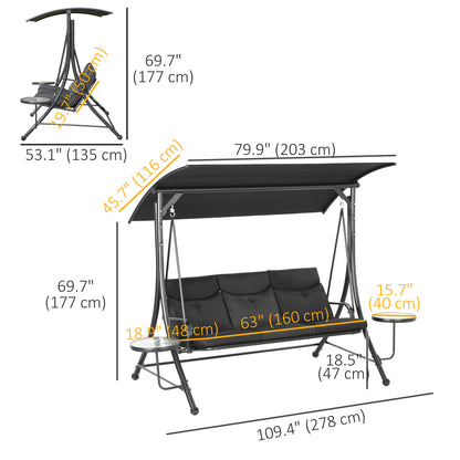 3-Seat Outdoor Swing Chair Steel Swing Bench with Adjustable Canopy & Coffee Tables & Cushion for Patio Garden, Black