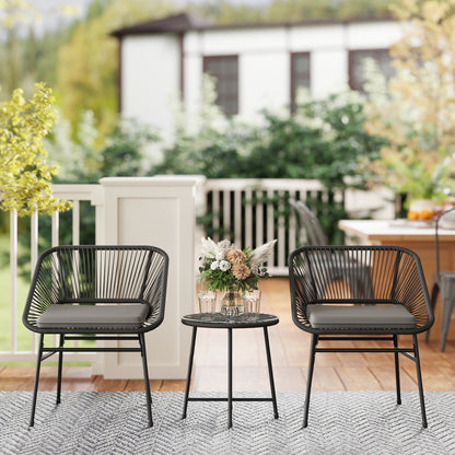 3 Piece Bistro Set, Wicker Outdoor Patio Furniture Set with Glass Top Table, Cushions for Balcony, Porch, Black