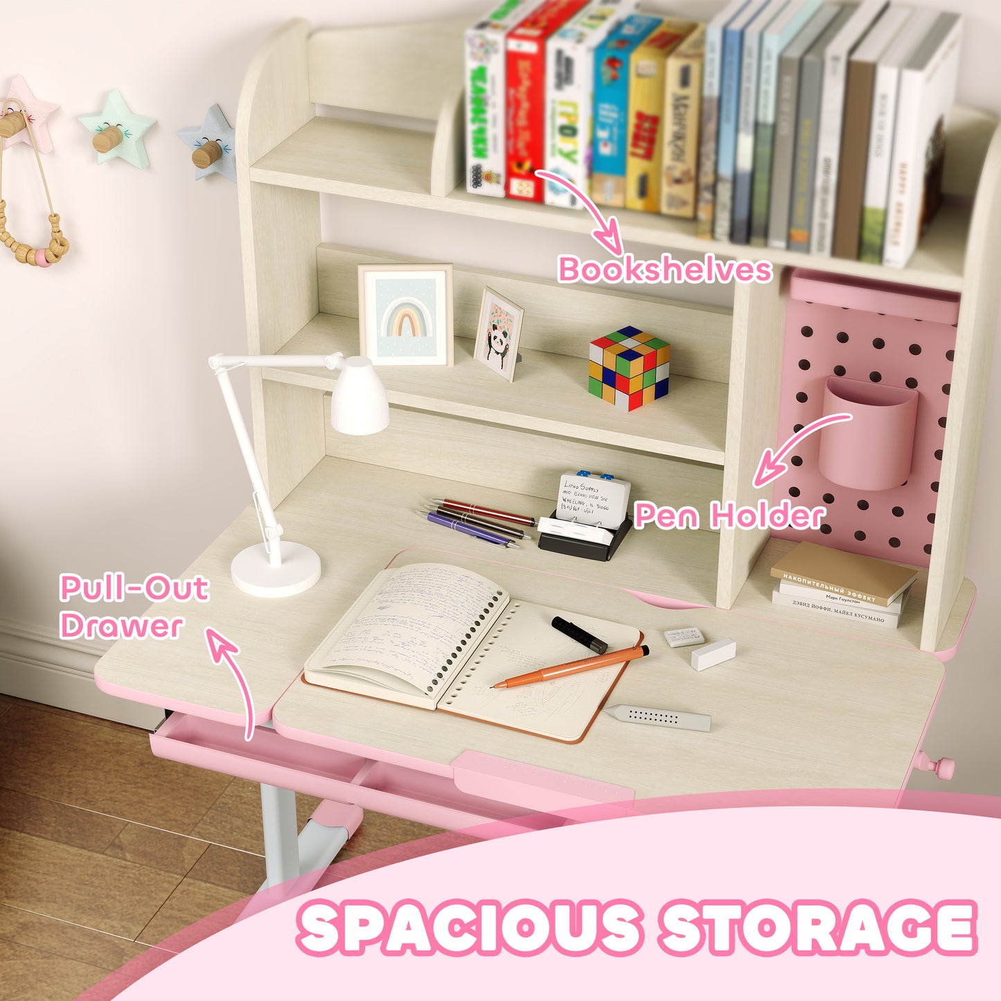 Qaba Kids Desk and Chair Set with Tilt Desktop, Adjustable Height, Drawer and Shelves for Boys Girls Ages 3-12, Pink