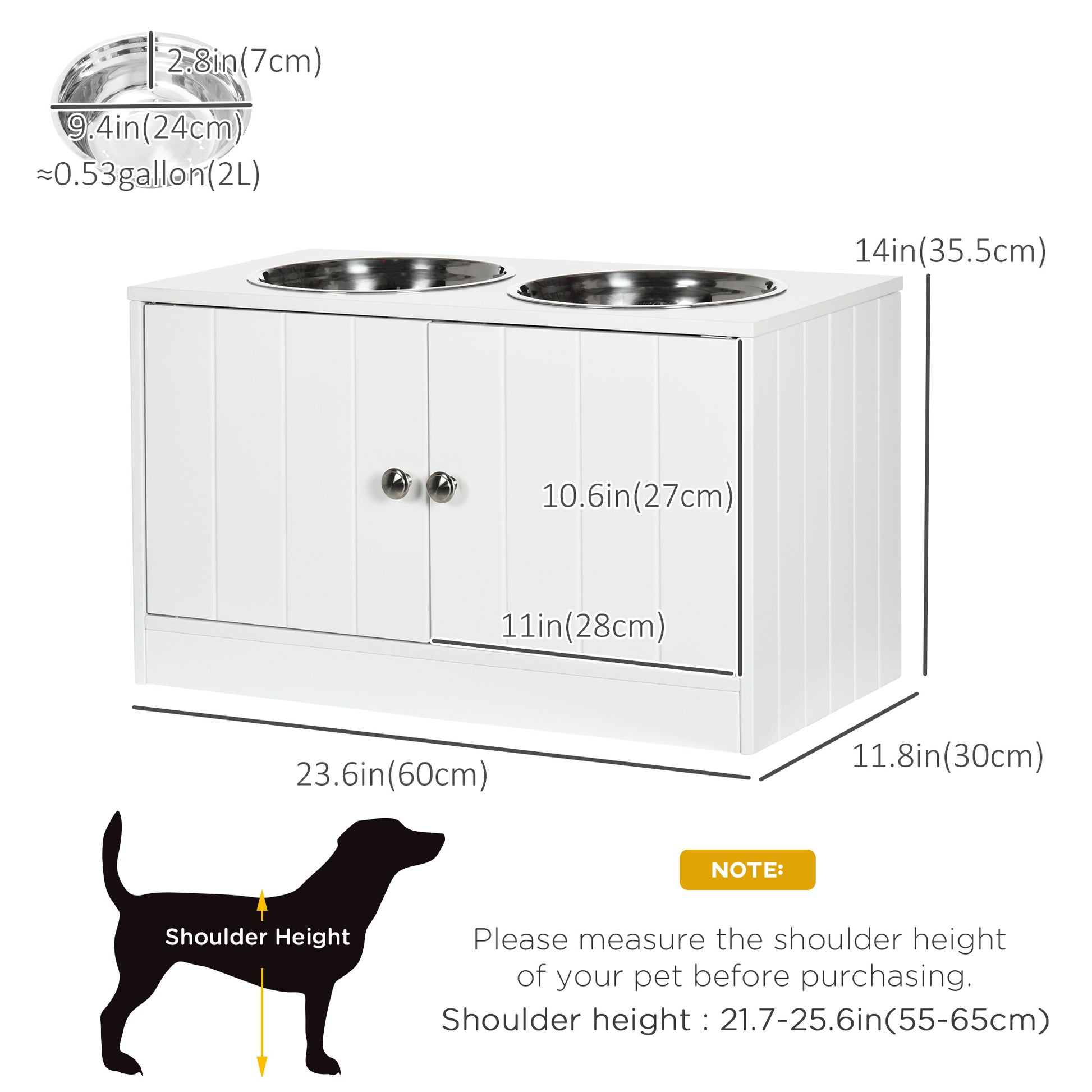 Elevated Dog Bowls for Large Dogs Pet Feeding Station with Stand, Storage, 2 Stainless Steel Food and Water Bowls, White