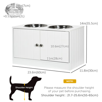Elevated Dog Bowls for Large Dogs Pet Feeding Station with Stand, Storage, 2 Stainless Steel Food and Water Bowls, White