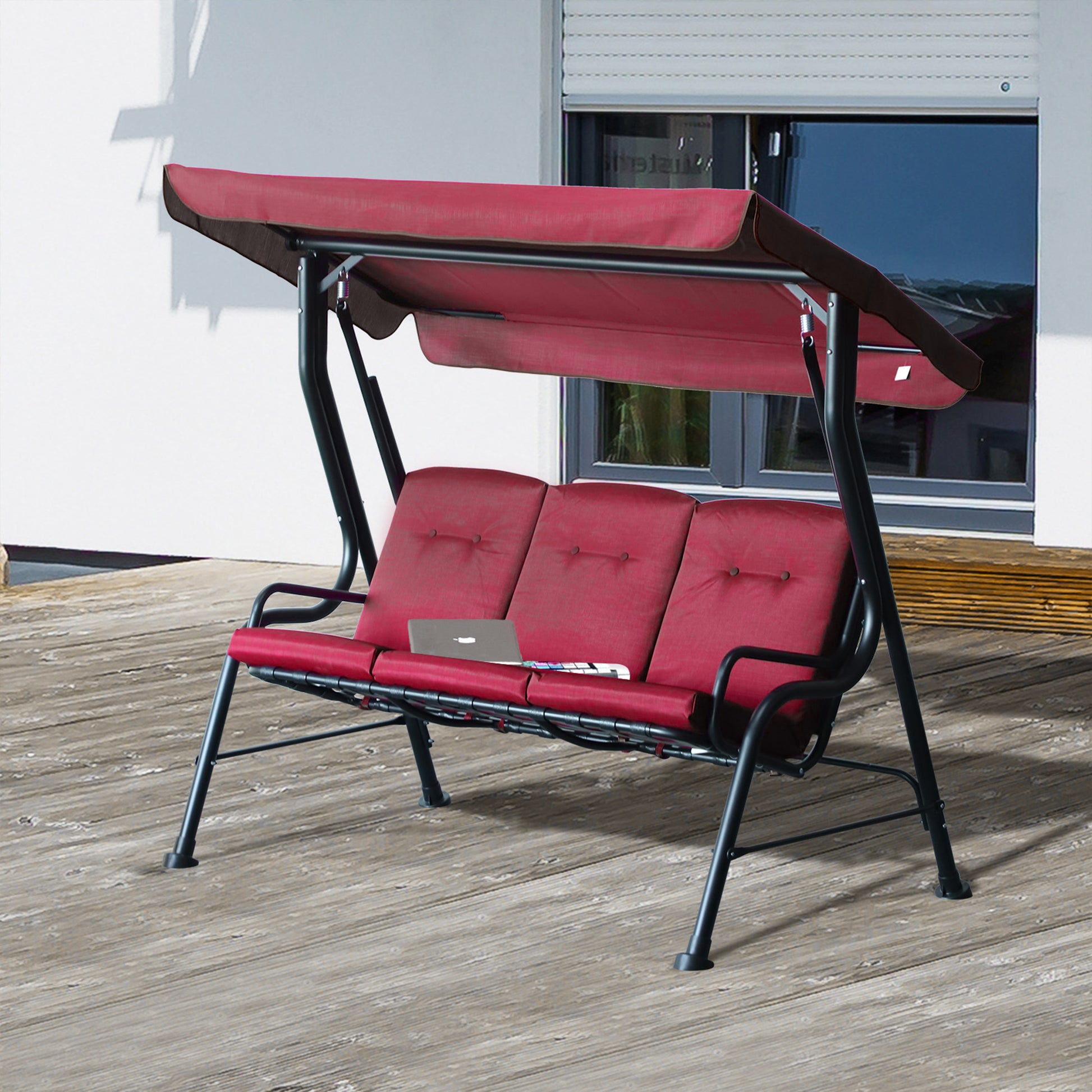 3-Person Porch Swing Chair, Patio Swing Bench with Adjustable Canopy, Removable Thicken Cushion and Weather Resistant St
