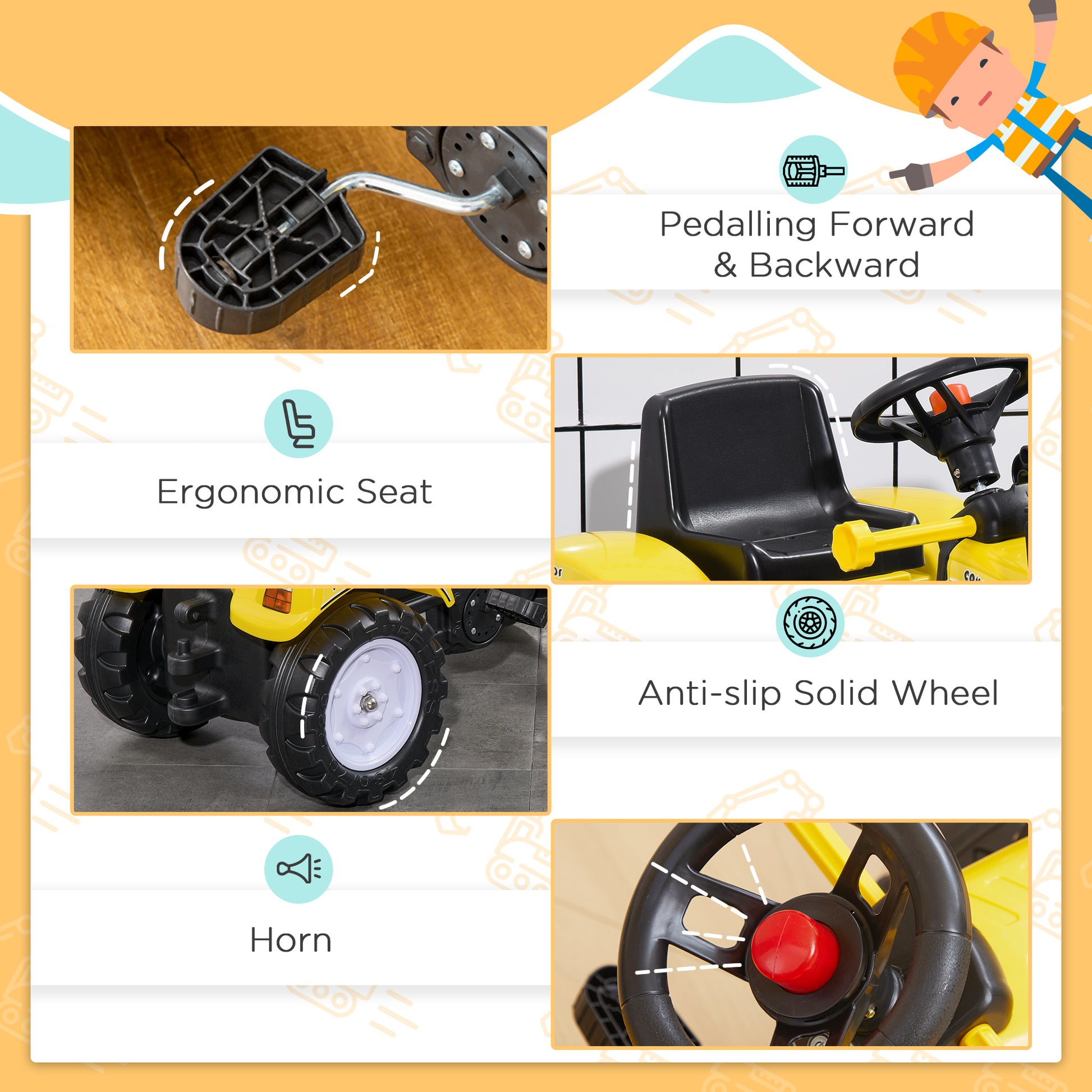 VarietyKart Ride on Tractor for Kids, Pedal Construction Car with Front Loader Digger for 3 Years Old, Yellow