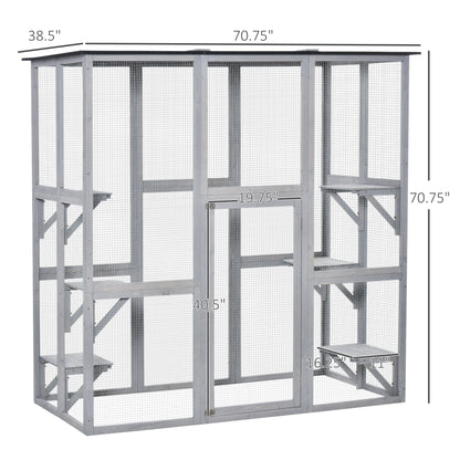 Large Outdoor Catio Enclosure, Weatherproof Cat House with Asphalt Roof,  Wooden Cat Patio Cage with 6 Balanced Platform