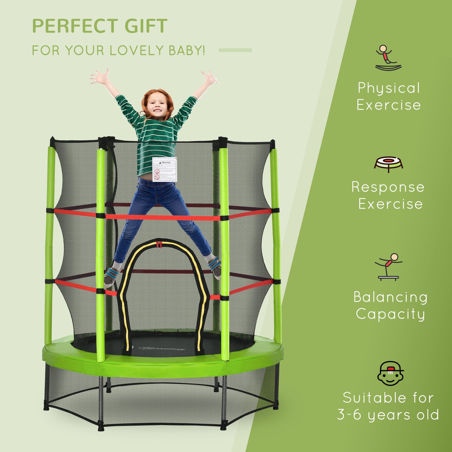 55" Kids Trampoline with Enclosure Net for Indoor/Outdoor, Trampoline for Boys and Girls Age 3-6 Years, Green