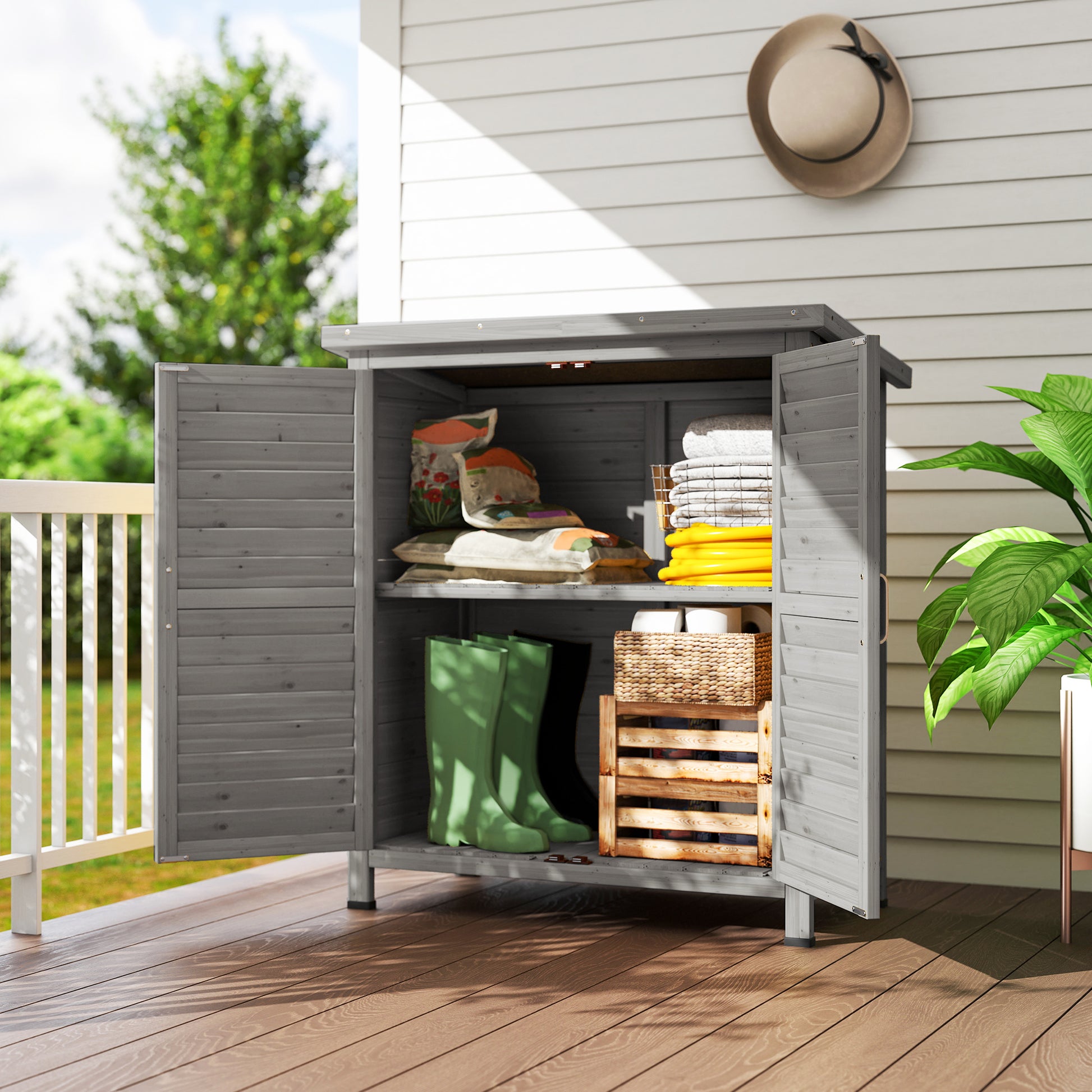 Wooden Garden Storage Shed Kit Wood Garage Tool Organisation Cabinet with 2 Door , 34" x 18" x 38", Grey