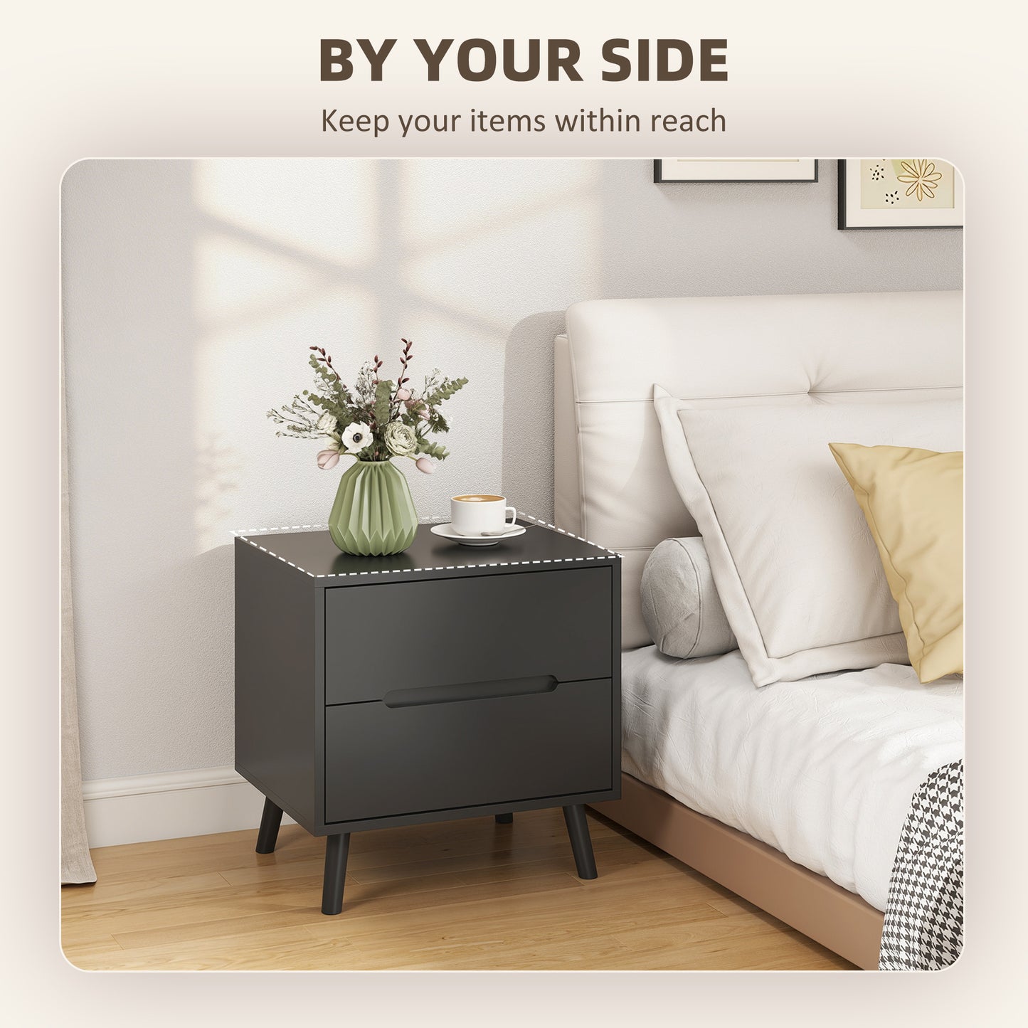 Nightstands Set of 2, Bedside Table with 2 Drawers, Modern Side End Table with Solid  Wood Legs for Bedroom, Black