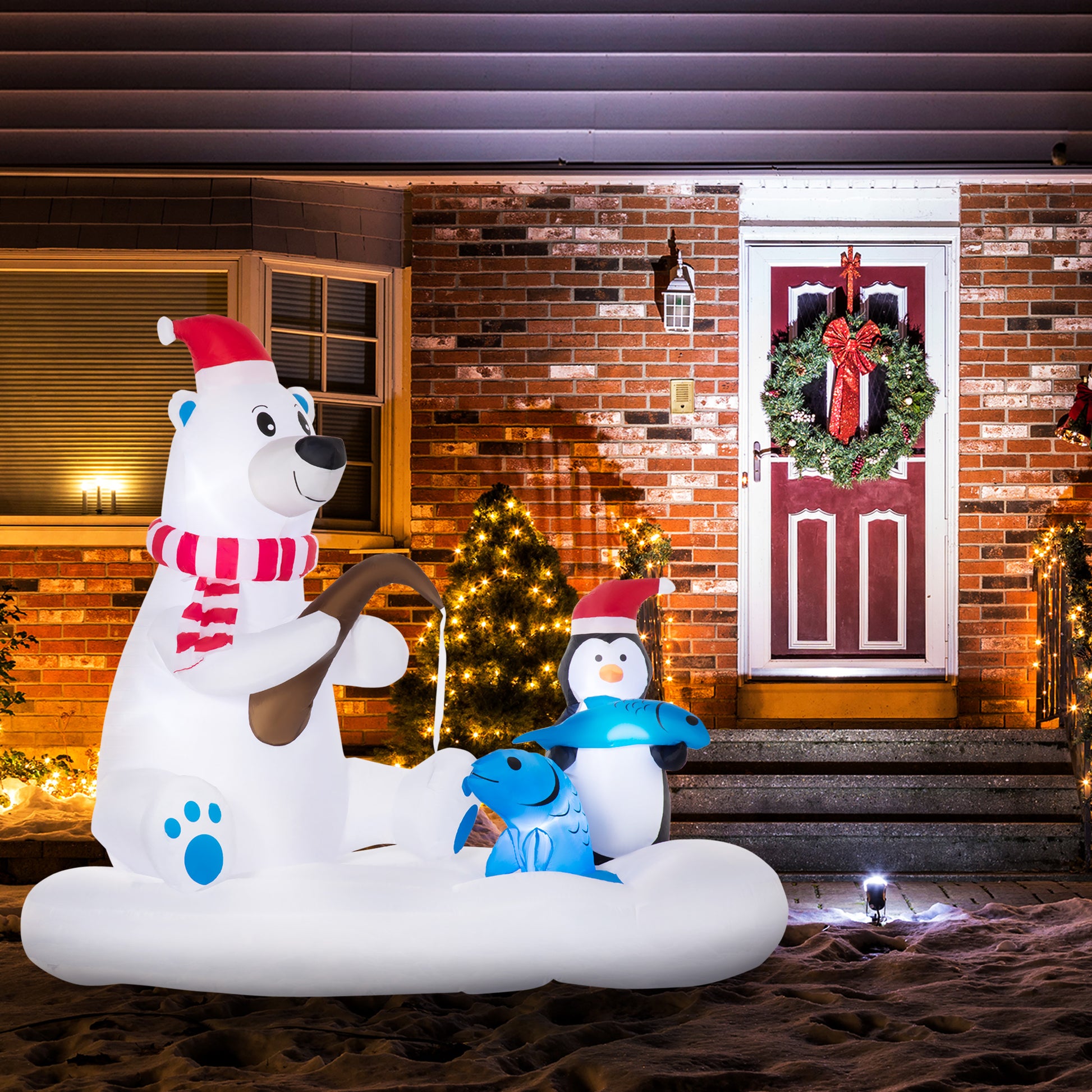 6ft Christmas Inflatable Polar Bear and Penguin with Santa's Hat Fishing on Board, Blow-Up Outdoor LED Yard Display for 