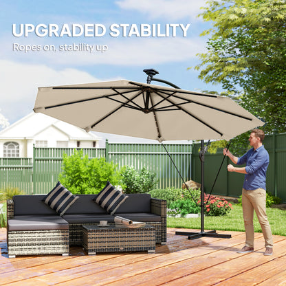 11.3 ft Cantilever Patio Umbrella with Light, Cover, Aluminium UPF50+ Offset Outdoor Umbrella Parasol, Khaki