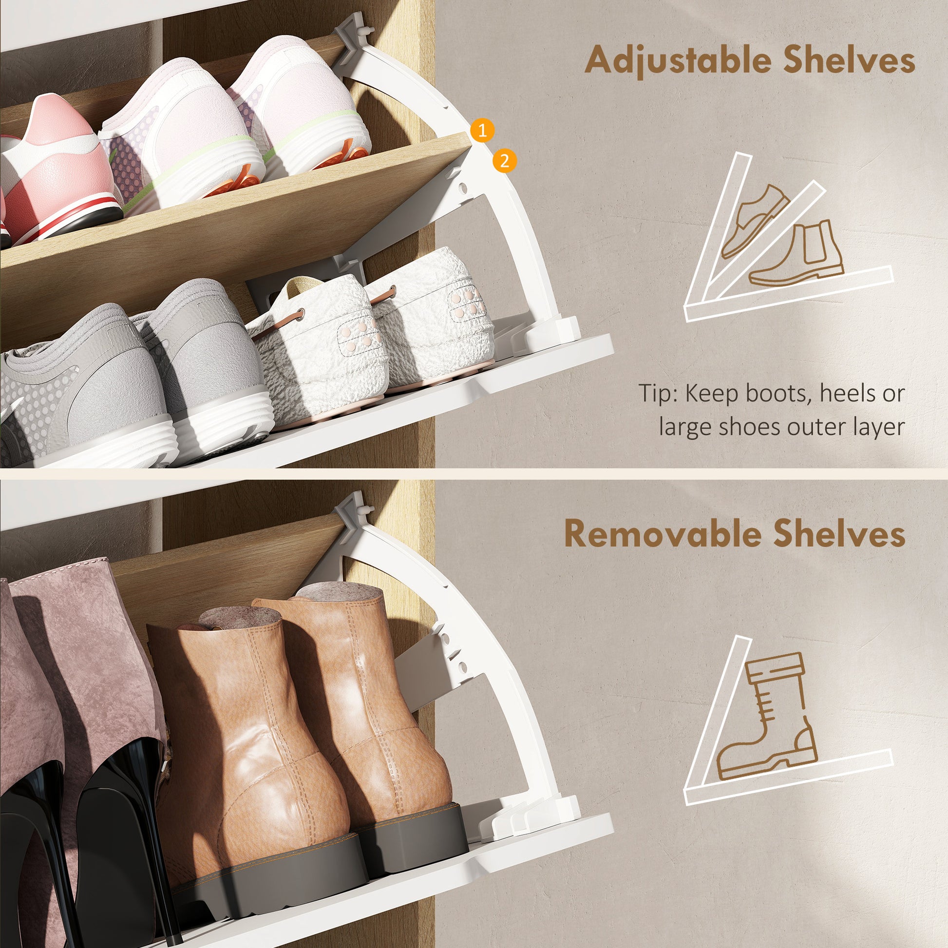 Narrow Shoe Cabinet for Entryway with 2 Flip Drawers, Top Drawer and Adjustable Shelves for 12 Pairs of Shoes, White