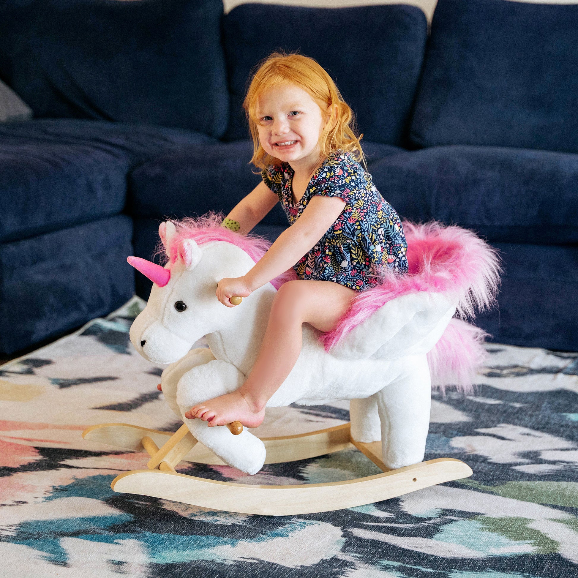 Qaba Baby Rocking Horse, Plush Animal Rocker for Toddlers Aged 18-36 Months, Stuffed Ride Toy with Sounds, Seat Belt, Wh