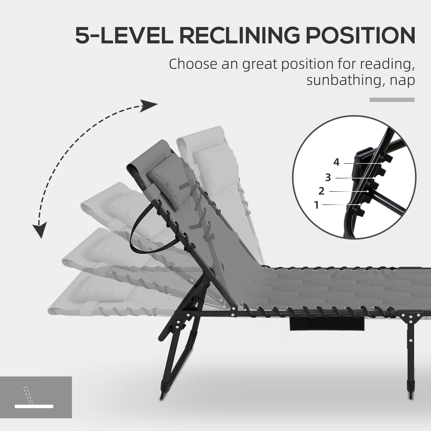 Folding Chaise Lounge with Reclining Back, 25.6" x 74" x 14.2", Grey