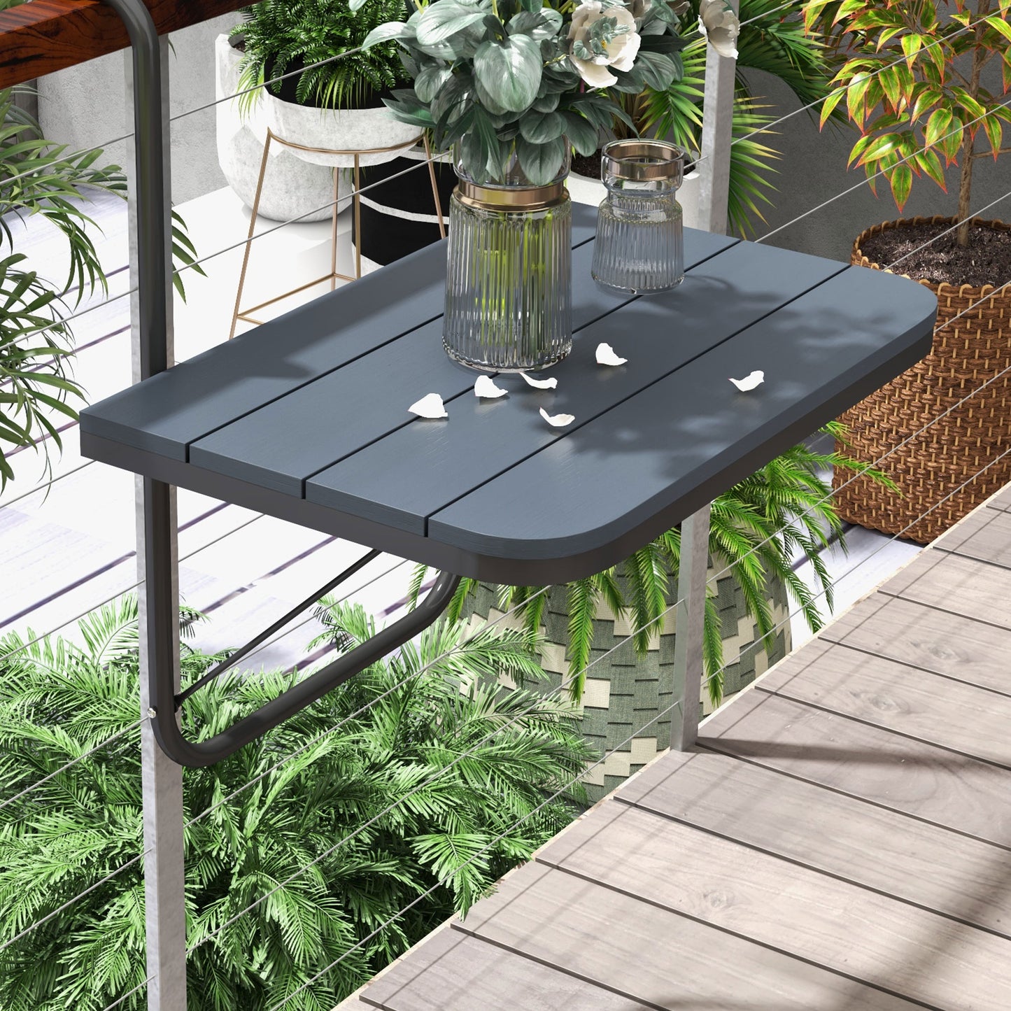 Outdoor Hanging Table, Adjustable Balcony Railing Table, Aluminum Mounting Wall Desk Rack, Foldable Outdoor Flower Stand
