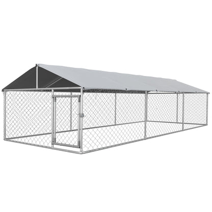19.7' x 7.5' x 4.9' Outdoor Dog Kennel Weatherproof Play Run for Medium Gentle Dogs with UV & Waterproof Cover, Silver