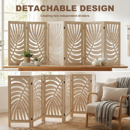 6 Panel Room Divider, Detachable Folding Privacy Screens with Palm Leaf Design for Home Office, Natural Wood
