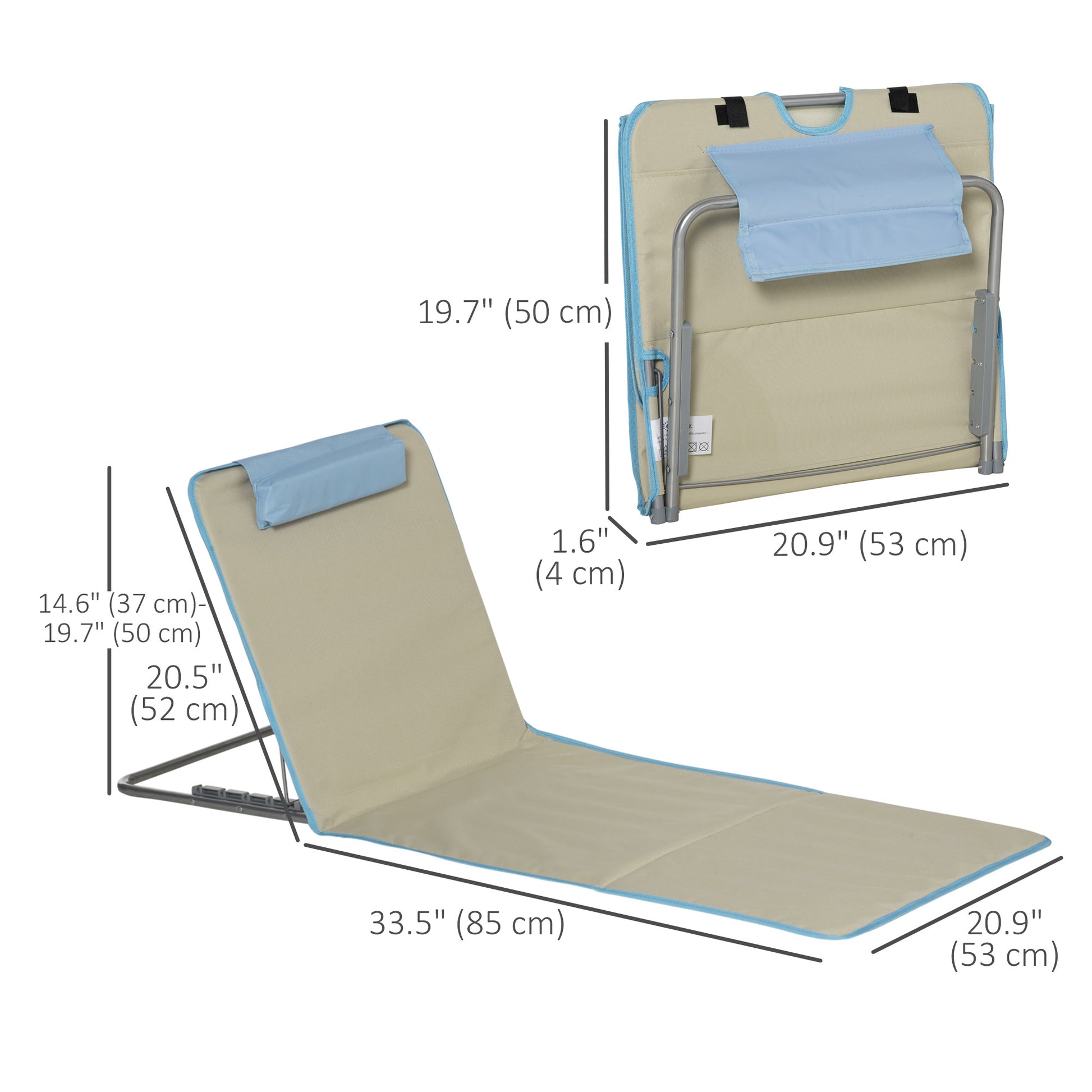 Set of 2 Beach Lounge Chair, Folding Ground Beach Mat w/ Adjustable Back, Steel Frame, Head Pillow and Carry Bag, Beige