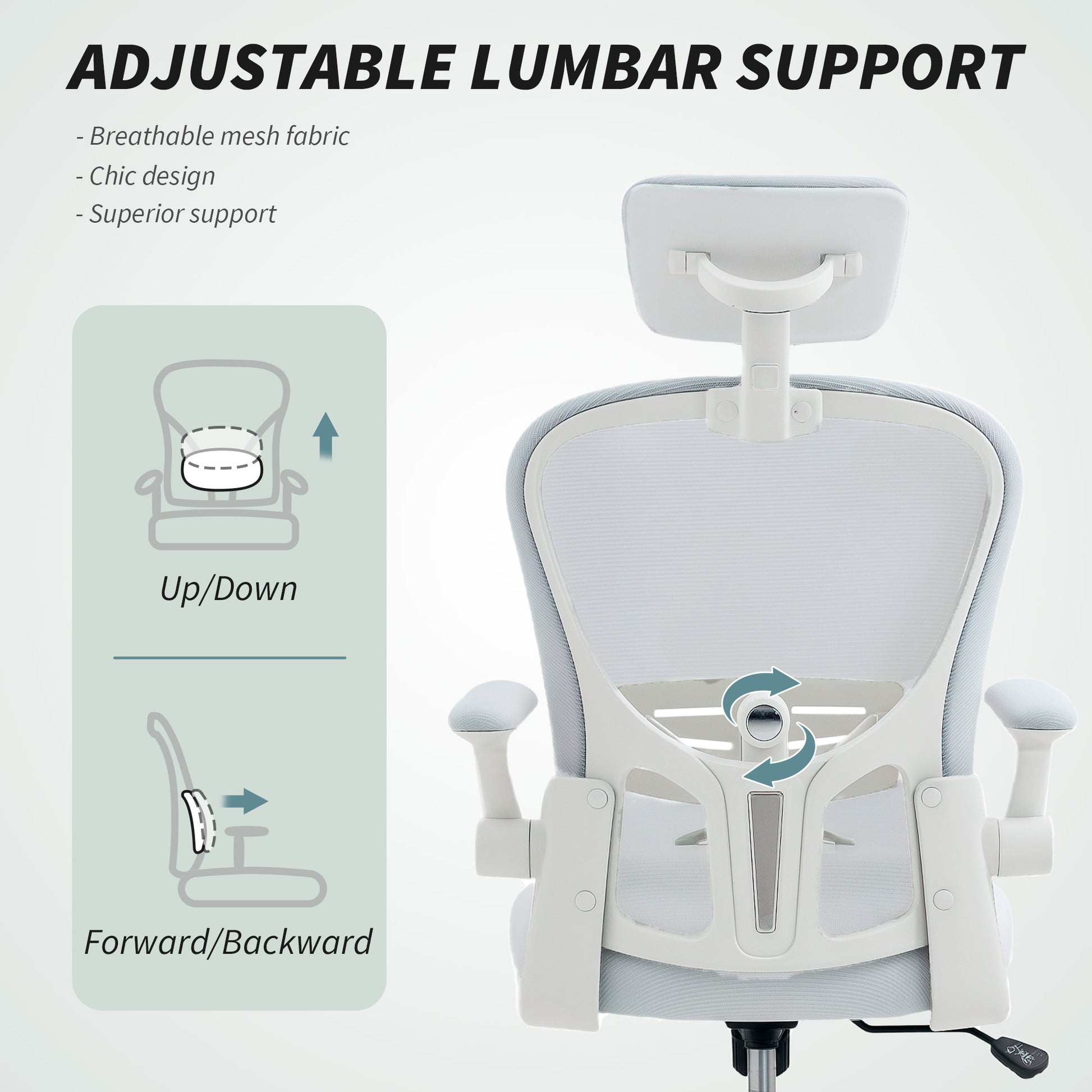 Office Chair, Mesh Computer Desk Chair with Adjustable Headrest, 4D Lumbar Support, Flip-up Arm, White