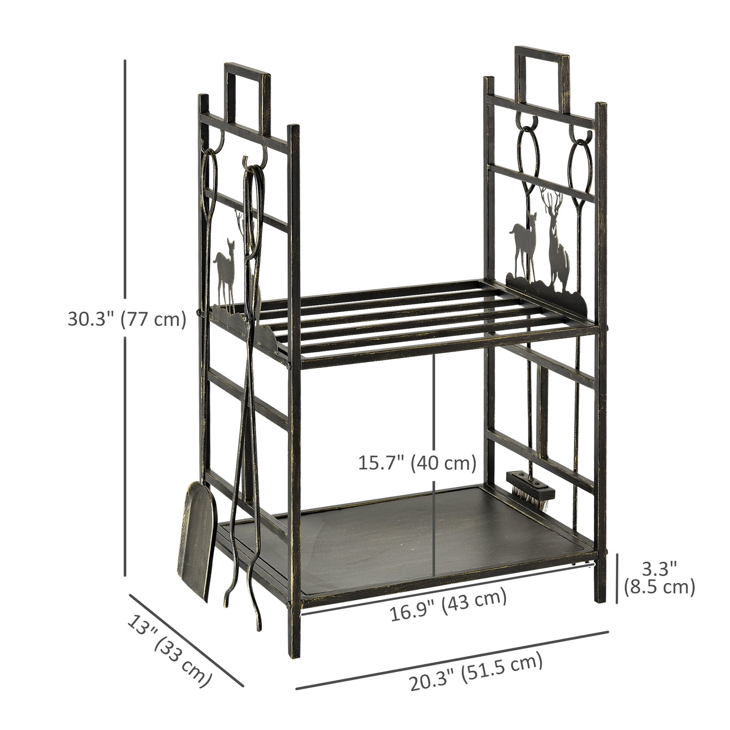 20.25" x 13" x 30.25" 2-Layer Heavy Duty Firewood Rack Wood Log Fireplace Stacker  w/ 4 Tools, Black and Gold