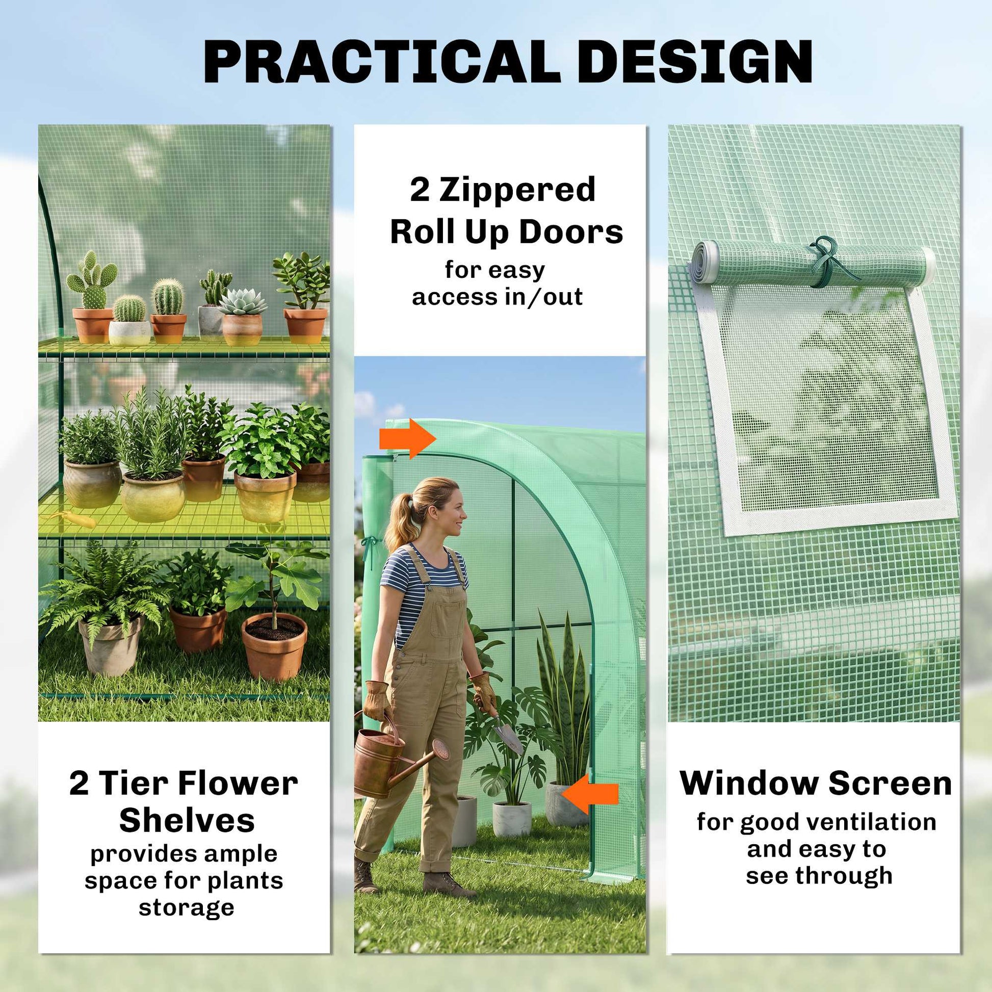 Walk-in Wall Lean-to Greenhouse, 10' x 5' x 7' Outdoor Gardening Green House with PE Cover, Windows, Shelves and 2 Zippe