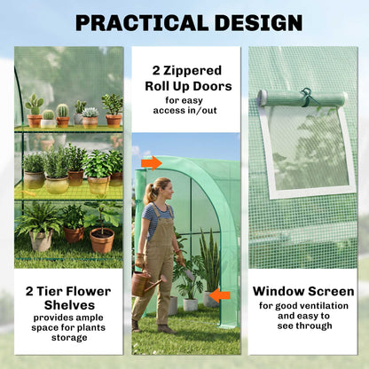 Walk-in Wall Lean-to Greenhouse, 10' x 5' x 7' Outdoor Gardening Green House with PE Cover, Windows, Shelves and 2 Zippe