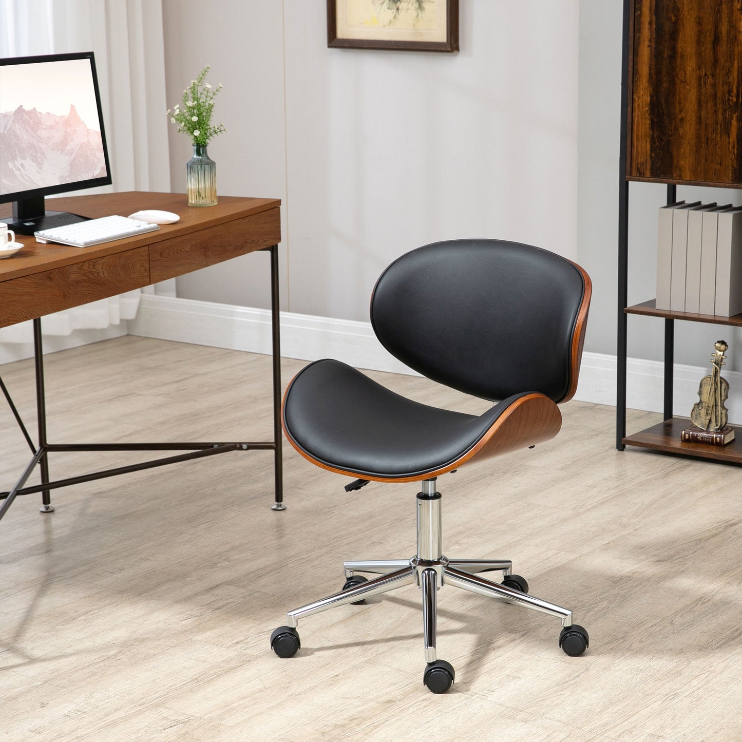 Office Chair, Faux Leather and Bentwood Computer Desk Chair with 360 Degree Swivel Wheels, Adjustable Height and Curved 