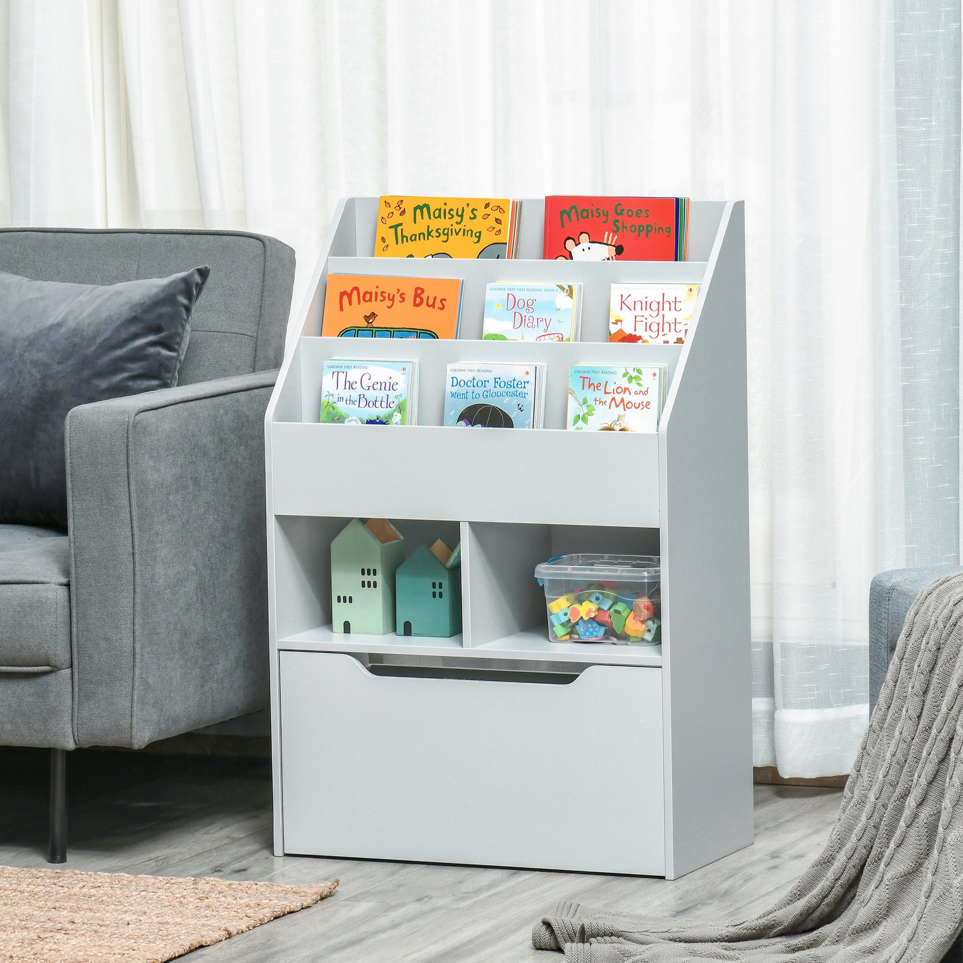 Kids Bookcase Multi-Shelf Rack Organizer with Storage Drawer for Books for Reading Nook, Classroom, Bedroom, Playroom, G