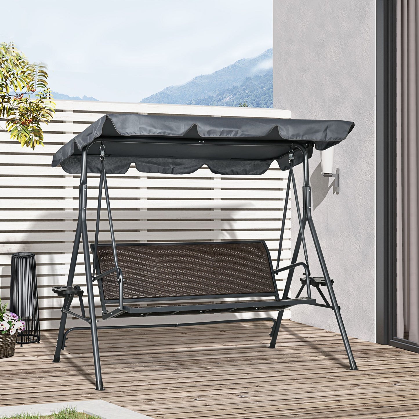 3-Seat Patio Swing Chair, Outdoor Canopy Swing Glider with Adjustable Shade, Rattan Seat and Steel Frame, for Porch, Gar