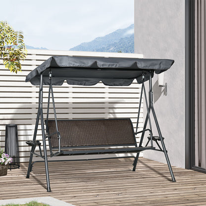 3-Seat Patio Swing Chair, Outdoor Canopy Swing Glider with Adjustable Shade, Rattan Seat and Steel Frame, for Porch, Gar