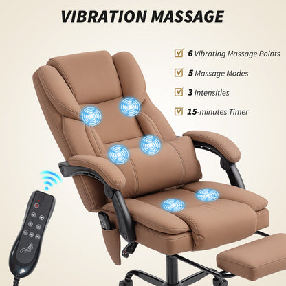 Office Chair with Massage, Pet-Friendly Faux Leather Reclining Desk Chair with Lumbar Support, Footrest, Brown