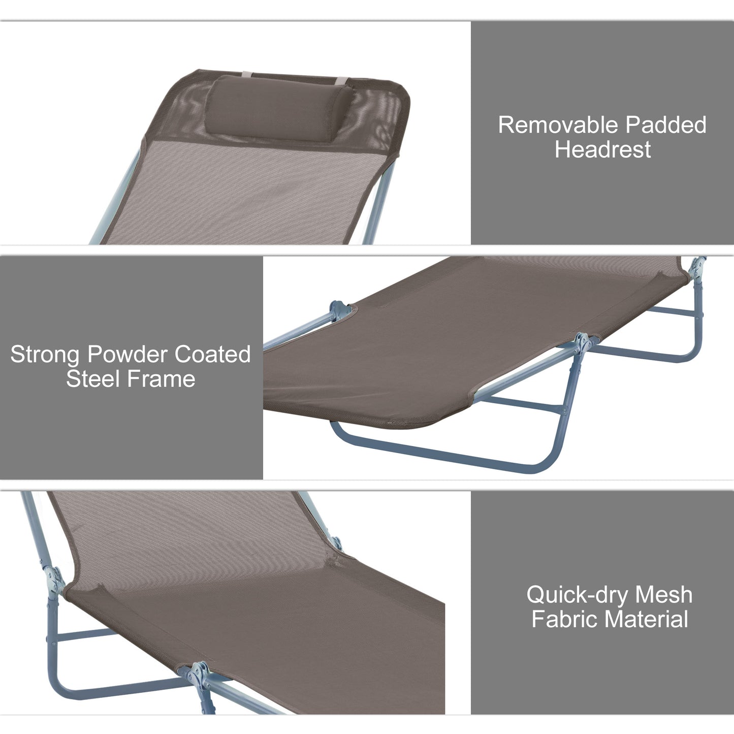 Outdoor Lounge Chair, Portable Adjustable Reclining Seat Folding Chaise Lounge Patio Camping Beach Tanning Chair Bed wit