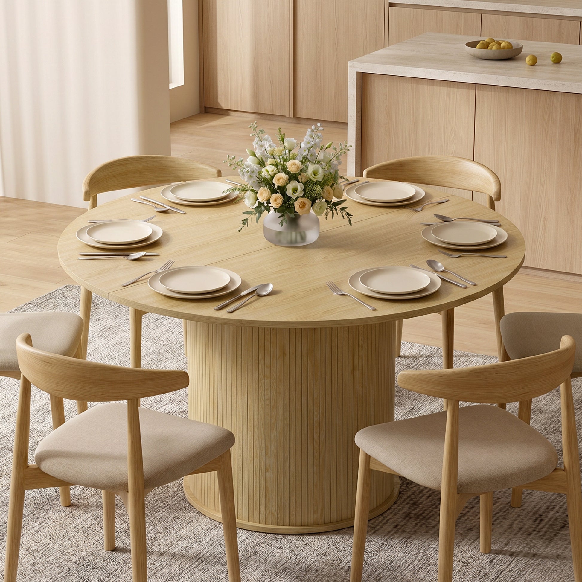 Round Dining Table for 4-6, 47 Inch Kitchen Table with Fluted Pedestal Base, for Kitchen Living Room Dining Room, Natura