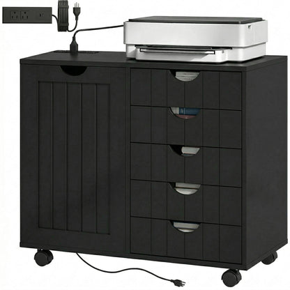 Mobile Lateral Filing Cabinet with 5 Drawers, Printer Stand with Power Outlets and USB Ports for Home Office, Black