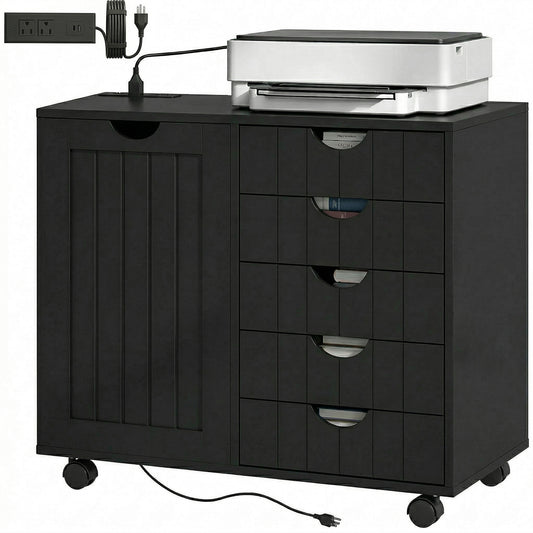 Mobile Lateral Filing Cabinet with 5 Drawers, Printer Stand with Power Outlets and USB Ports for Home Office, Black