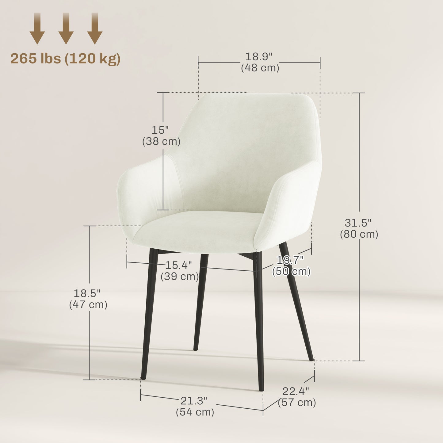 Dining Chairs Set of 2, Velvet-look Fabric Upholstered Kitchen Chairs with Backrest, Armrests and Steel Legs, Cream Whit