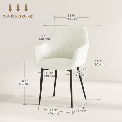 Dining Chairs Set of 2, Velvet-look Fabric Upholstered Kitchen Chairs with Backrest, Armrests and Steel Legs, Cream Whit