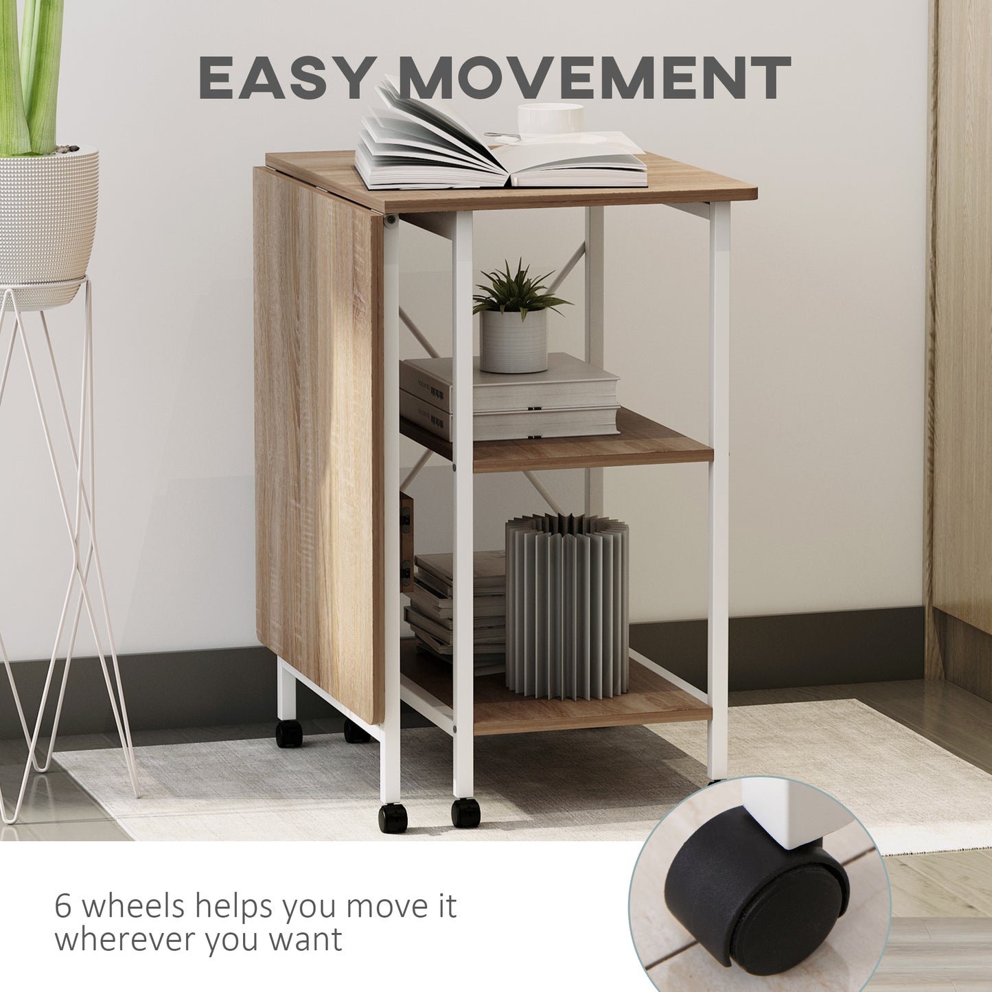 Folding Computer Desk with Storage Shelves, Study Writing Table Laptop Desk with 6 Wheels for Bedroom Home Office Workst
