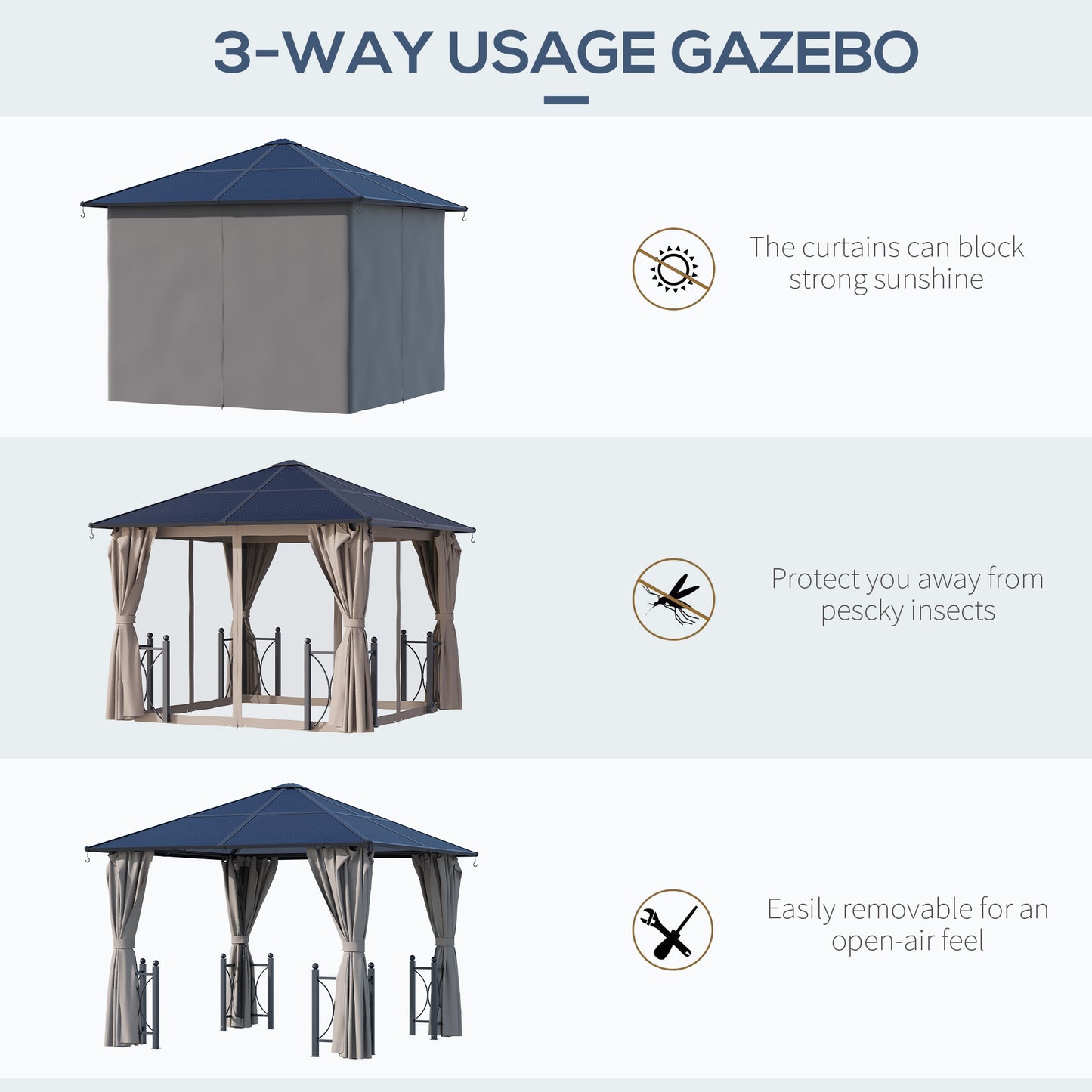 10' x 10' Hardtop Gazebo with PC Board Roof and Aluminum Frame, Patio Gazebo with Curtains and Netting for Party Wedding