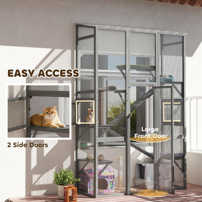 Large Outdoor Catio with 6 Jumping Platforms, Scratching Post, 2 Ramps, Waterproof Roof, Grey