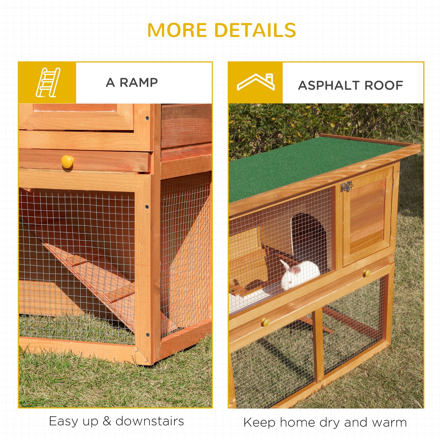 Wooden Rabbit Hutch, Indoor Outdoor Bunny Cage with Run, 2- Level Guinea Pig House with Slide-Out Tray, Waterproof Roof,