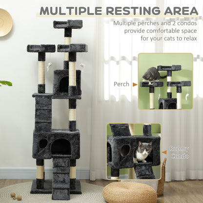 68" Multi-Level Cat Scratching Tree with 3 Perches & 2 Condos, 4 Tier Kitty Activity Center with Ladders & Dangling Toys