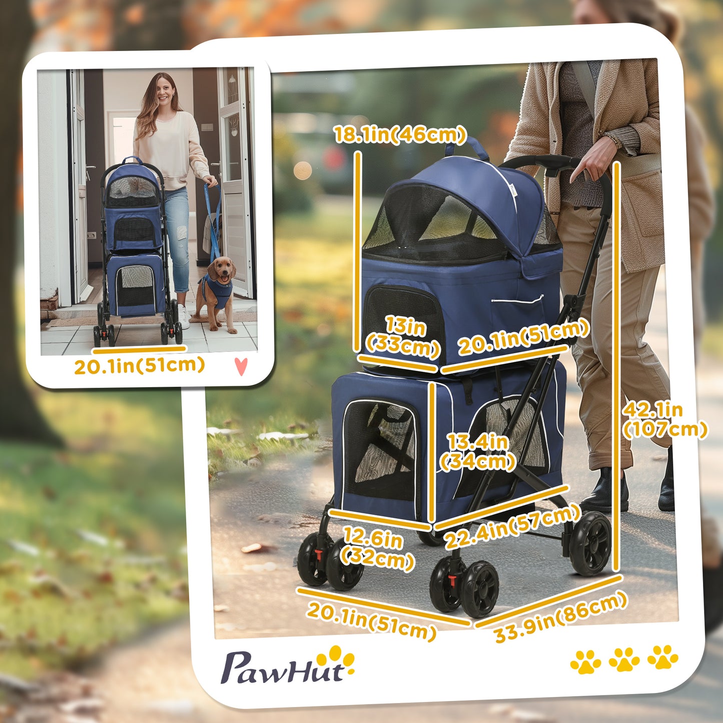 3-in-1 Double Pet Stroller for Small Miniature Dogs Cats with Removable Carrier, Foldable Travel Carrier Bag, Car Seat, 
