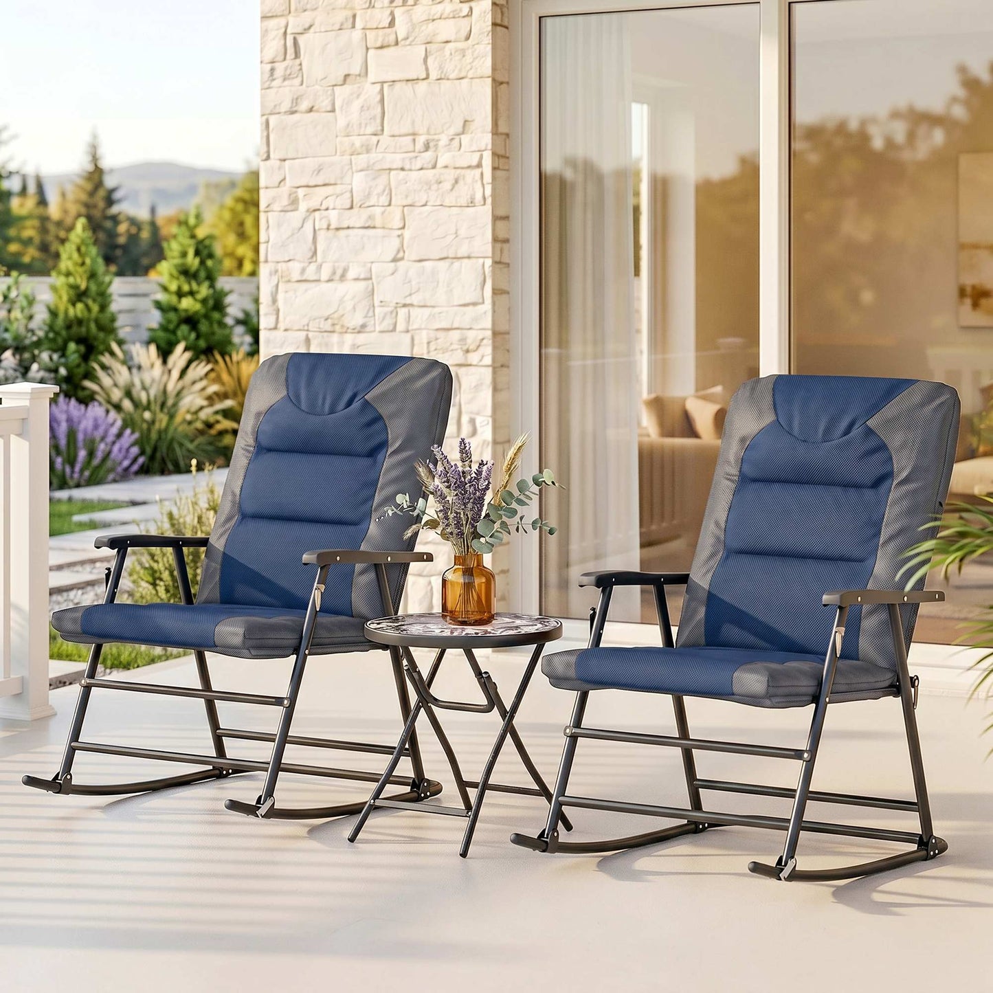 3pc Patio Foldable Rocking Chair Set, Outdoor Rocking Chairs and Table Bistro Set w/ Padded Seat, Headrest, Backrest for