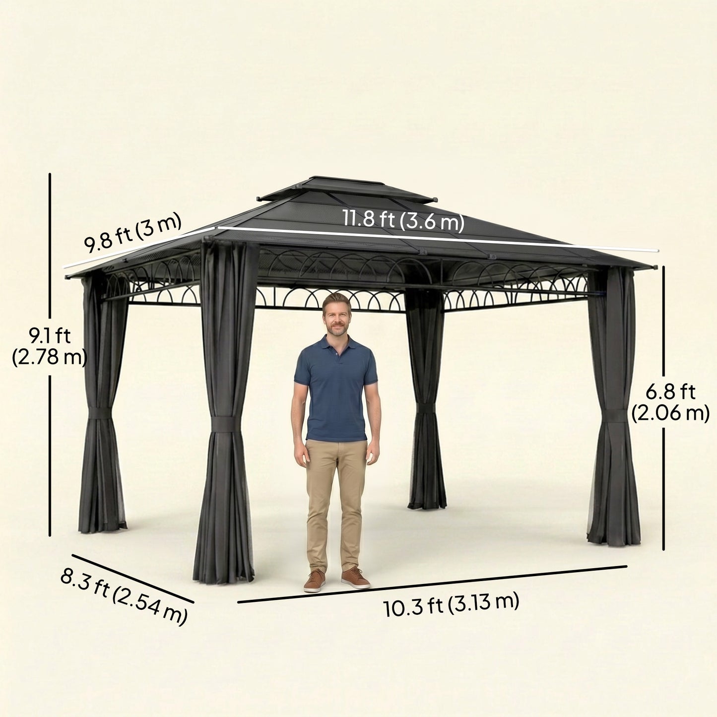 10' x 12' Outdoor Gazebo Canopy, Double Roof Hardtop Gazebo with Polycarbonate Roof, Steel Frame, Nettings and Curtains