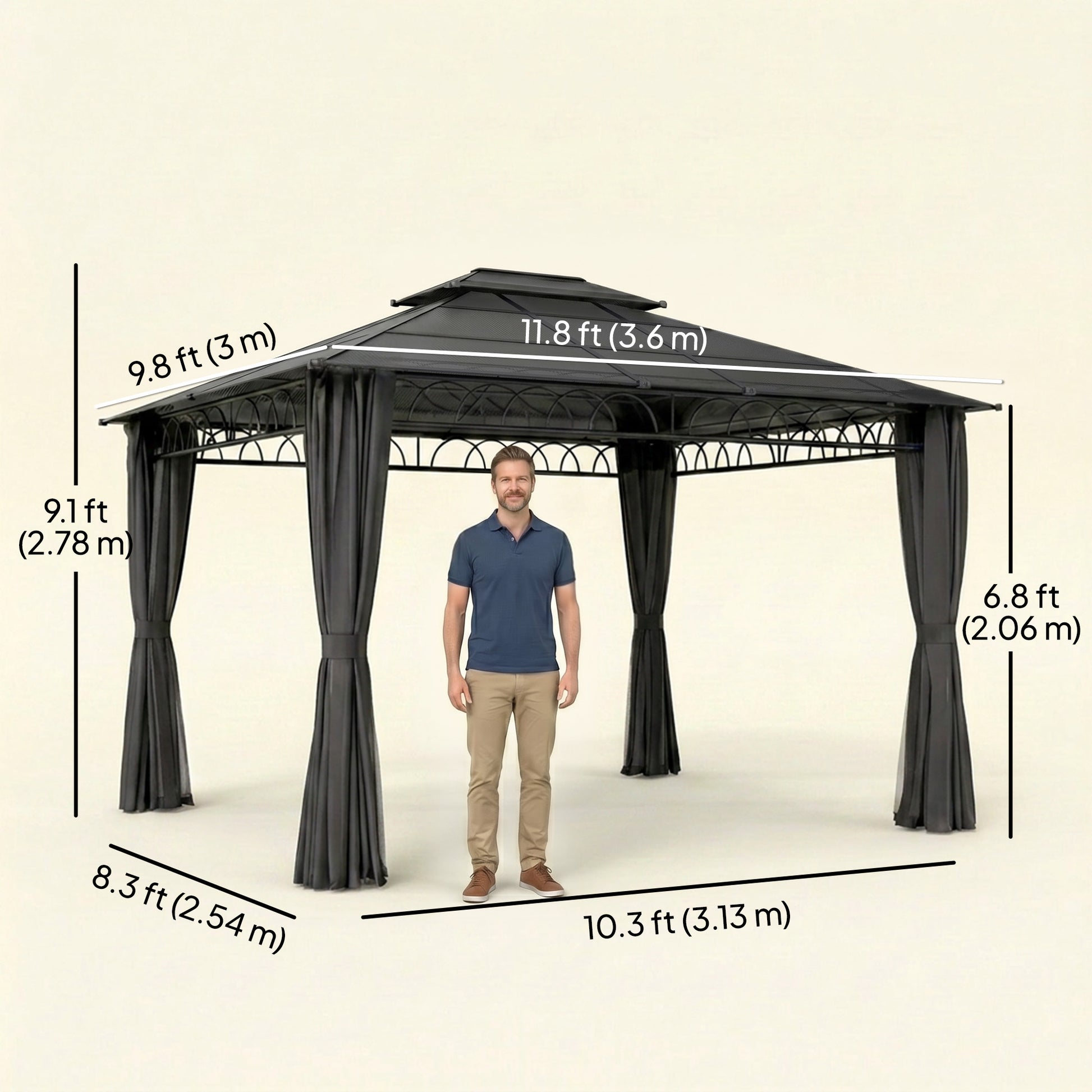 10' x 12' Outdoor Gazebo Canopy, Double Roof Hardtop Gazebo with Polycarbonate Roof, Steel Frame, Nettings and Curtains
