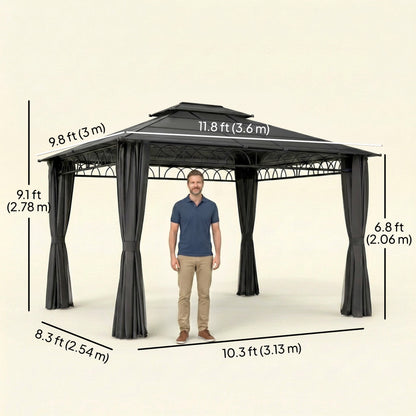 10' x 12' Outdoor Gazebo Canopy, Double Roof Hardtop Gazebo with Polycarbonate Roof, Steel Frame, Nettings and Curtains
