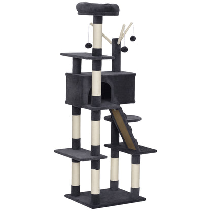 59 Inch Large Cat Tree with Sisal Scratching Posts, Cozy Condo, Top Perch, Ladder and Interactive Balls, Dark Grey