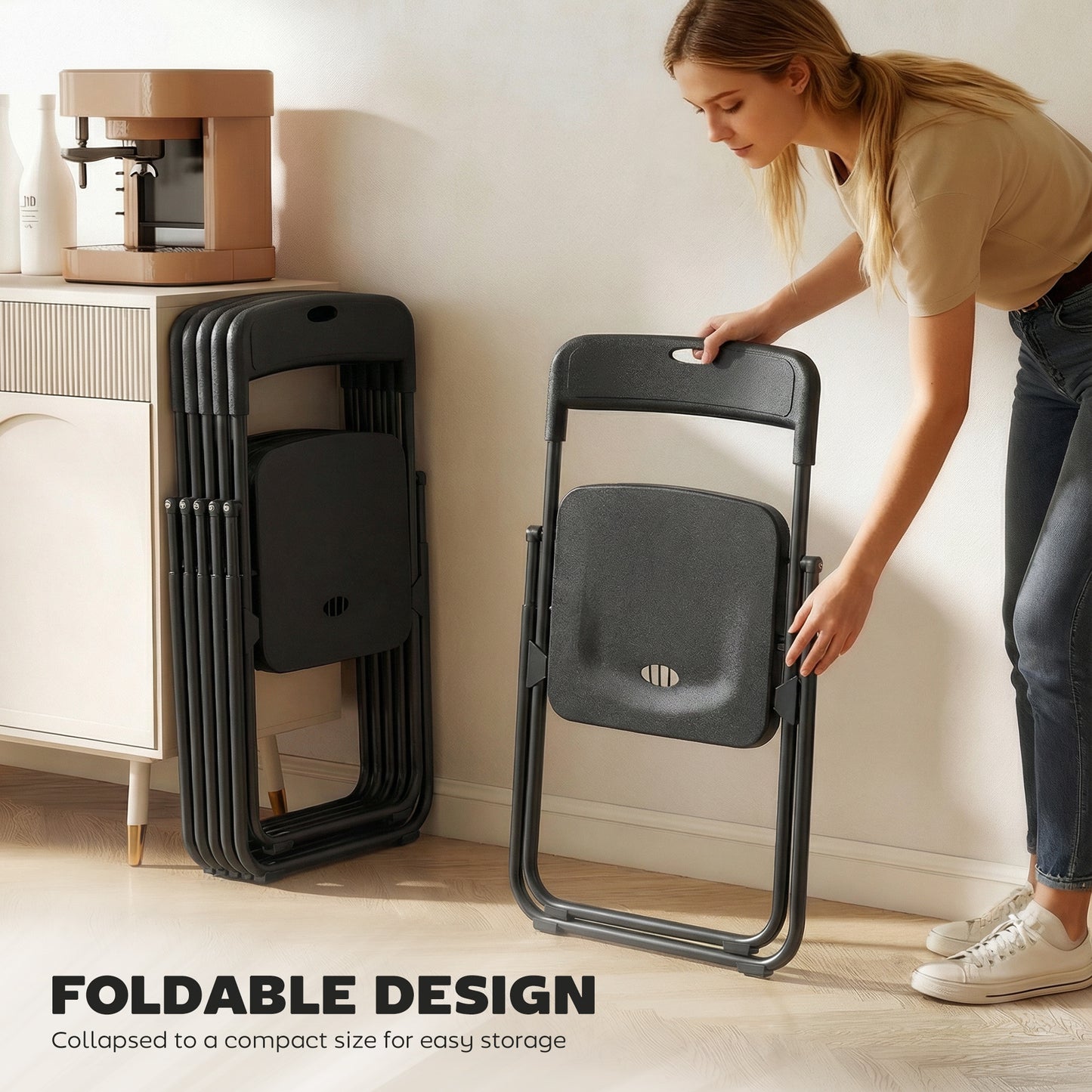 Folding Chairs 6 Pack, Plastic Foldable Chairs with Vent, Carry Hole and Steel Frame for Home, Office, Dining, Black