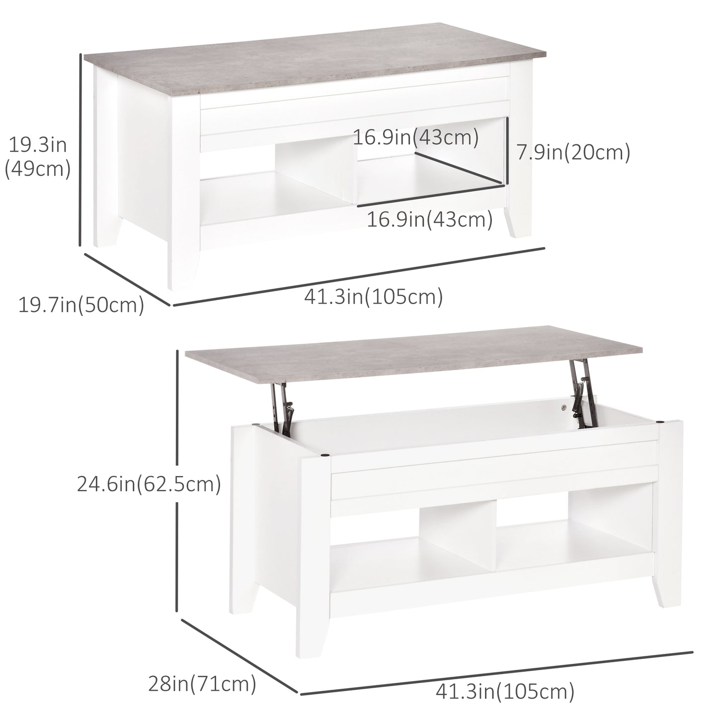 Lift Top Coffee Table with Hidden Storage Compartment and Open Shelves, Lift Tabletop Pop-Up Center Table for Living Roo