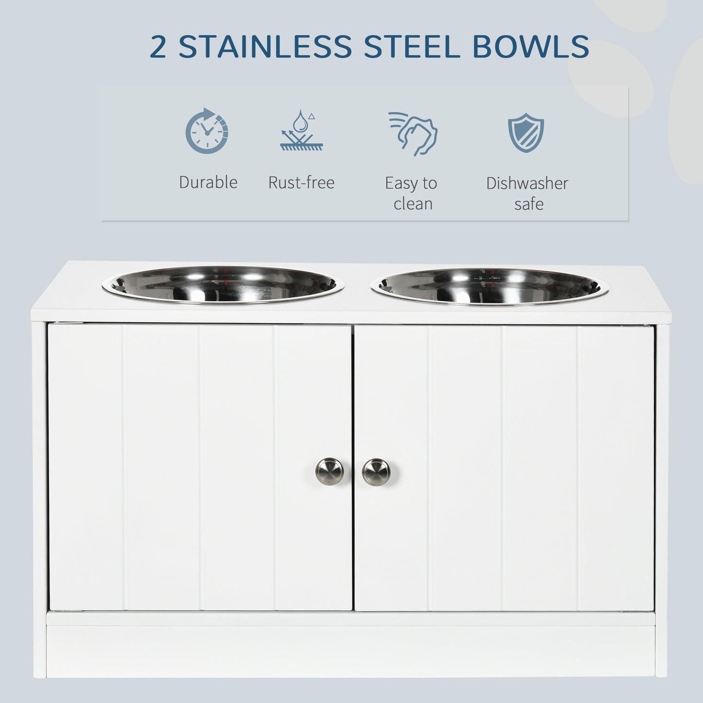Elevated Dog Bowls for Large Dogs Pet Feeding Station with Stand, Storage, 2 Stainless Steel Food and Water Bowls, White