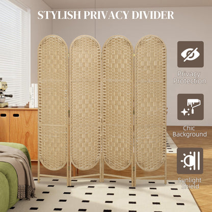 Bohemian Privacy Screen, Folding Room Divider with 4 Panels and Arched Top for Bedroom Living Room Office, Natural Wood